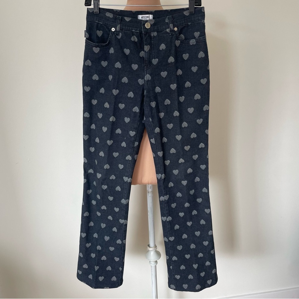 Moschino Vintage Y2K Dark Blue Heart Print Stretch Denim Flared Jeans EUC Sz 29